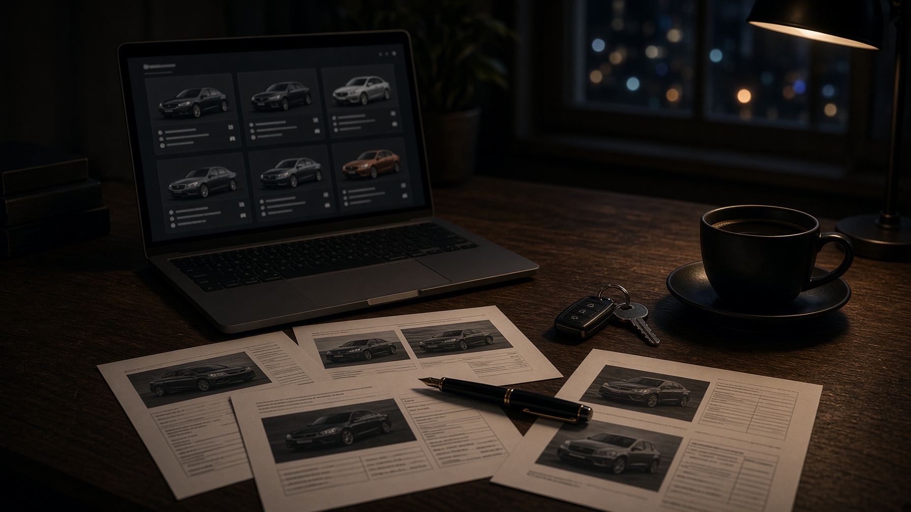 Workspace with vehicle research and keys